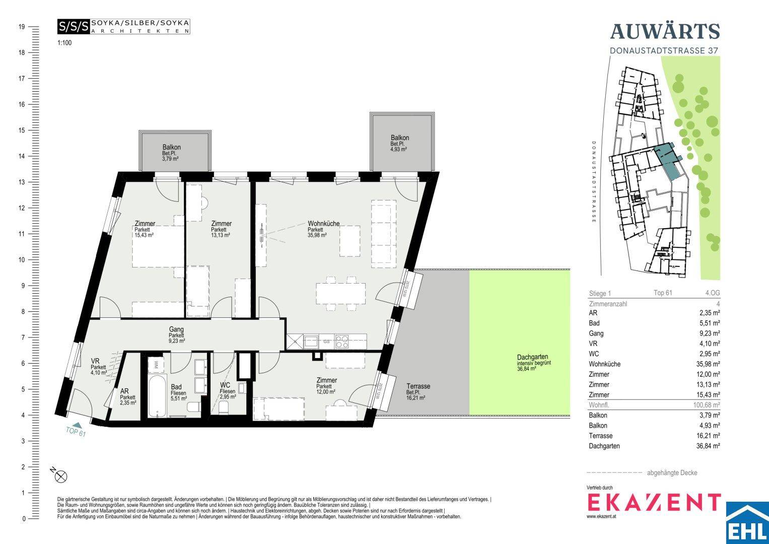 Detaillierter Grundriss einer Wohnung mit drei Zimmern, Balkonen und Dachgarten.
