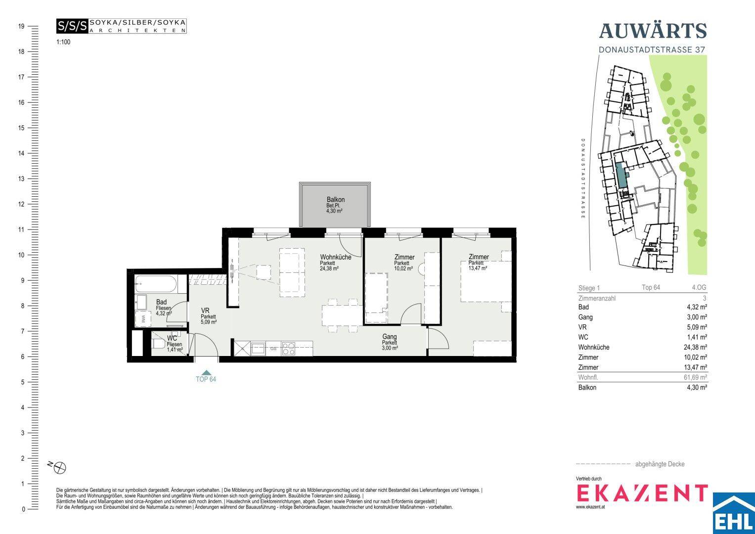 Detaillierter Grundriss einer Wohnung mit Wohnküche, zwei Zimmern und Balkon.