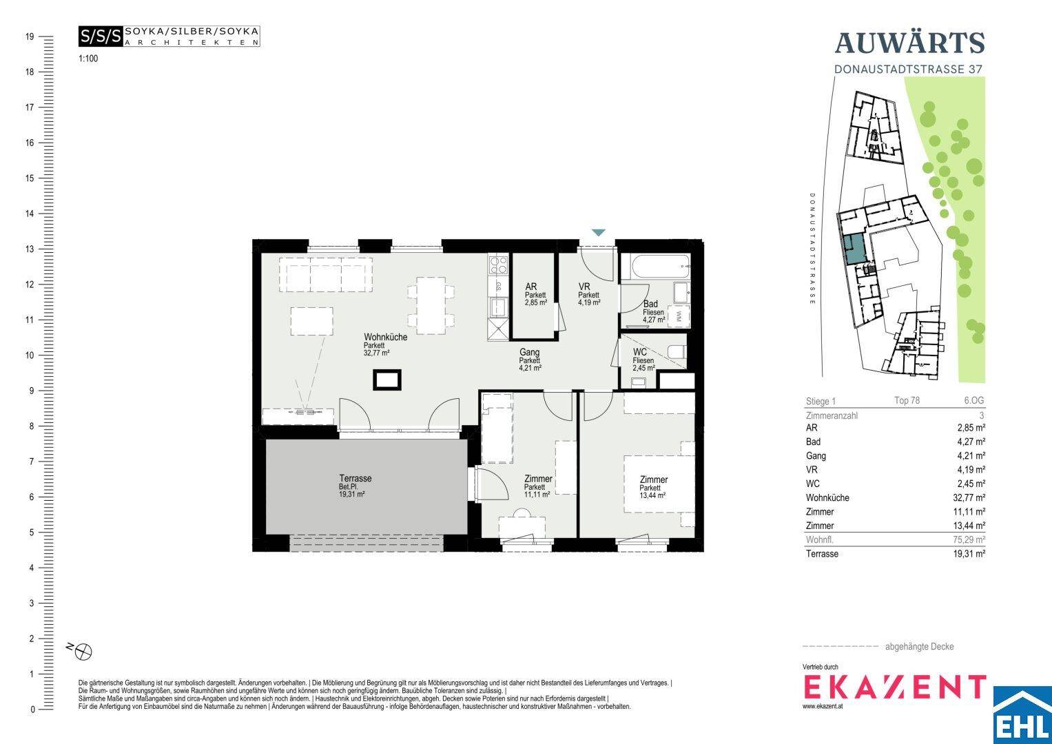 Grundriss einer Wohnung mit Wohnküche, zwei Zimmern, Bad und Terrasse.