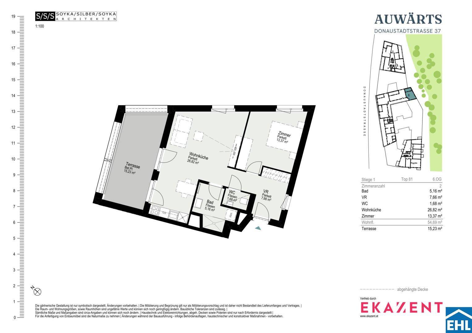 Grundriss einer Wohnung mit Terrasse, Wohnküche, Bad und zwei Zimmern.