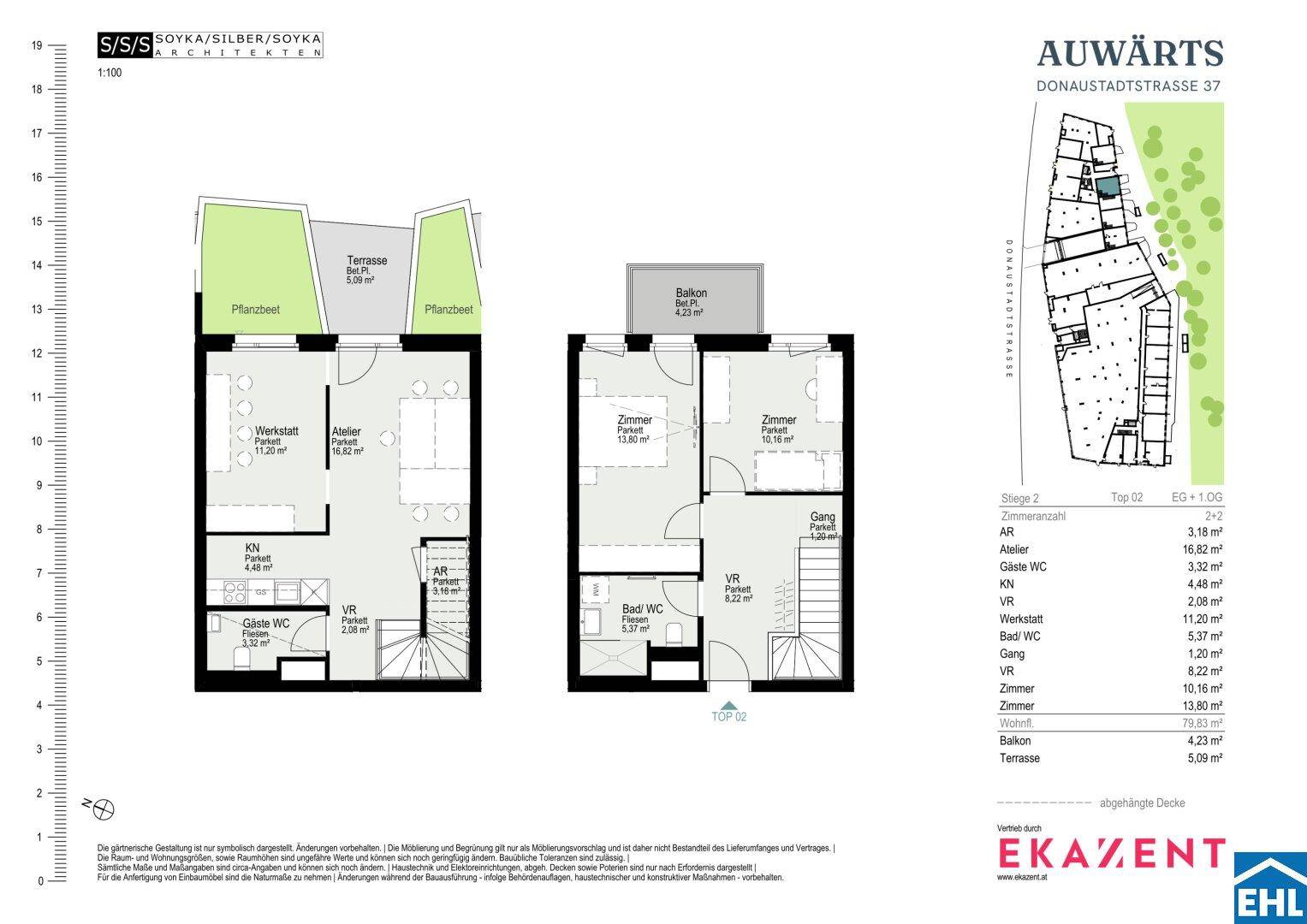 Detaillierter Grundriss über zwei Ebenen mit Raumaufteilung und Flächenangaben für eine Wohnung.