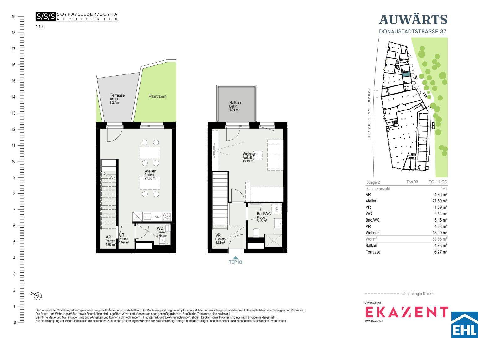 Grundriss einer Wohnung mit Terrasse, Balkon, offenem Wohnbereich und separatem WC.