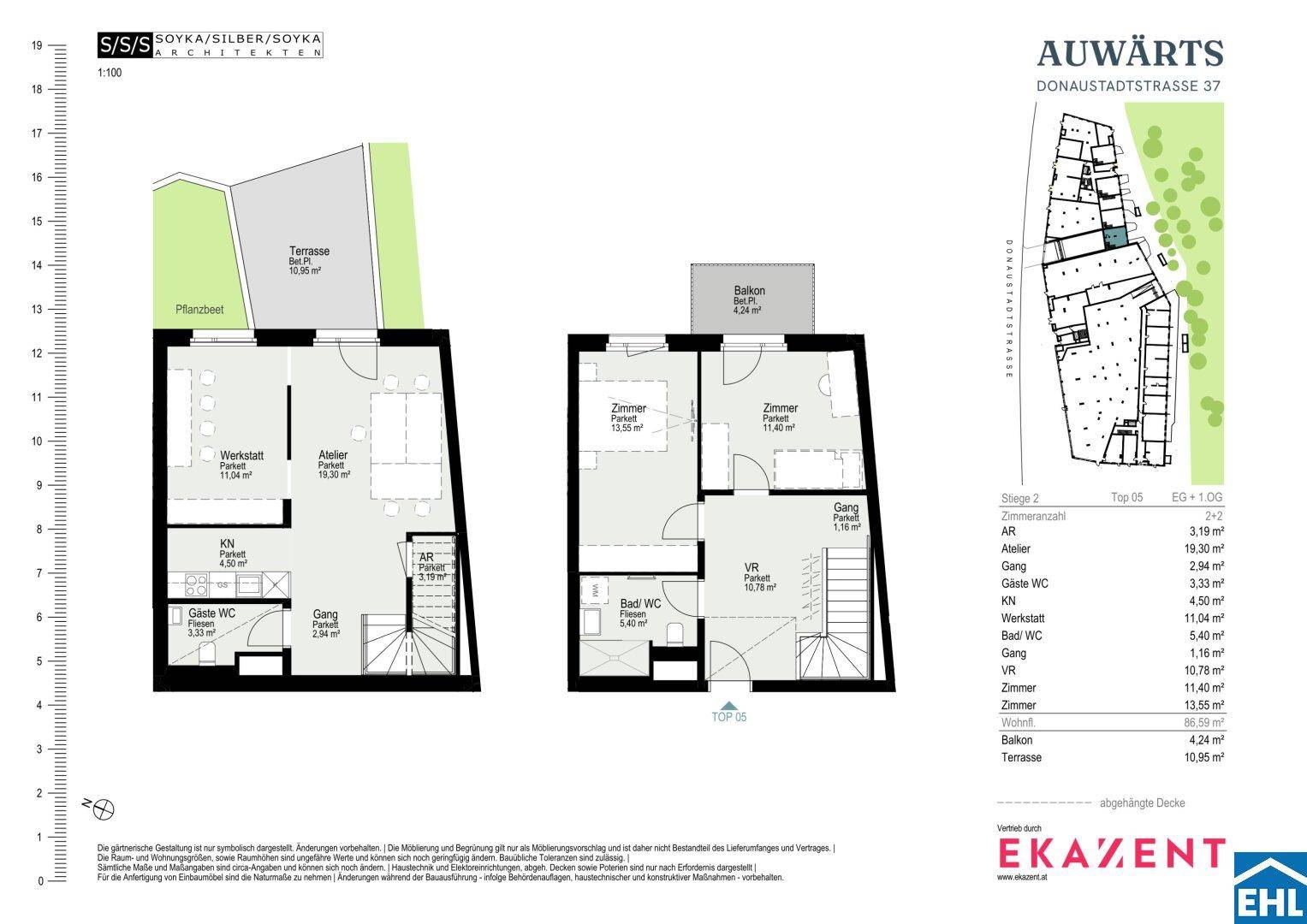 Detaillierter Grundriss mit Raumaufteilung, Balkon und Terrasse für zwei Wohneinheiten.