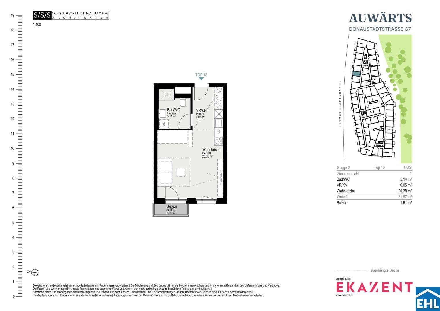Grundriss einer kleinen Wohnung mit Wohnküche, Bad und Balkon, Gesamtfläche 31,37 m².