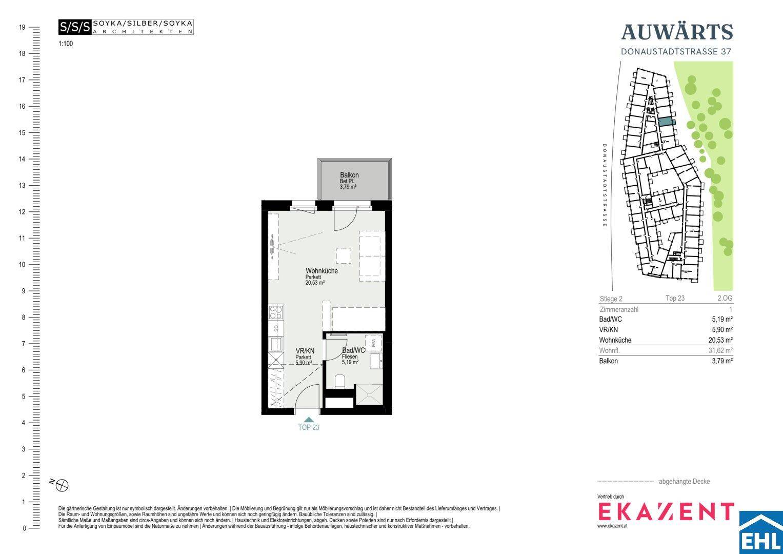 Grundriss einer Wohnung mit Wohnküche, Bad und Balkon, ideal für eine Person.