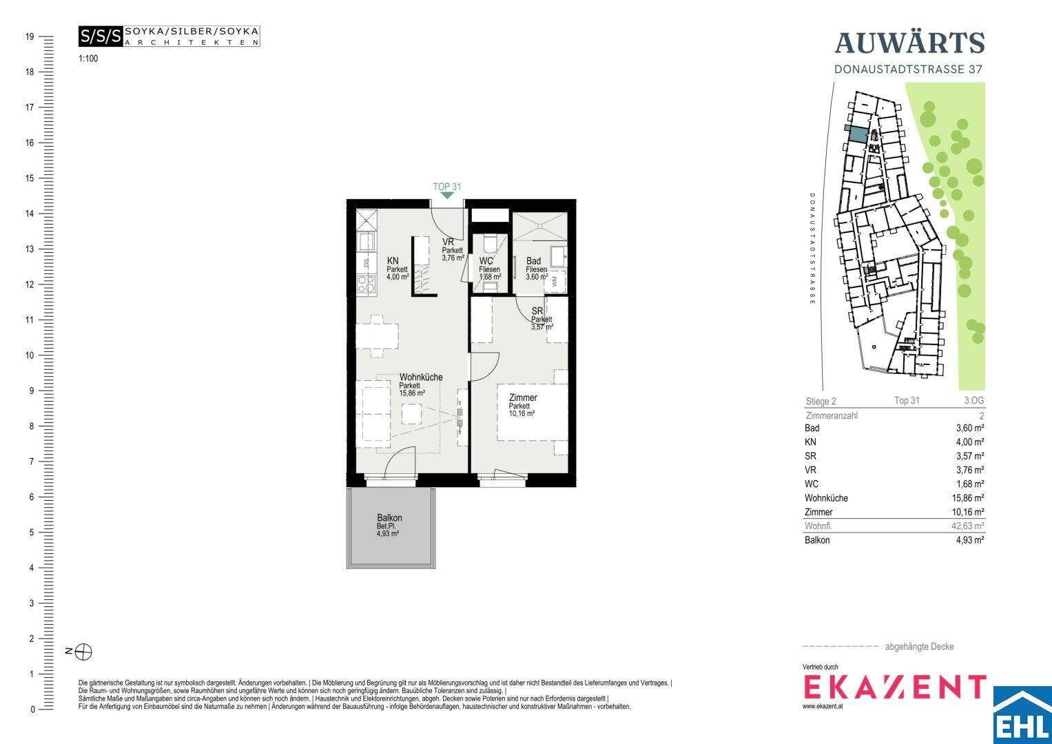 Grundriss einer Wohnung mit Balkon, Schlafzimmer, Wohnküche und Badezimmer.