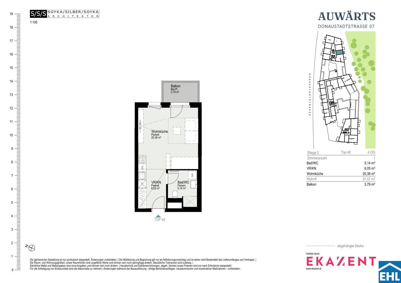 Grundriss einer Wohnung mit Wohnküche, Bad und Balkon, Gesamtfläche 37,79 m².