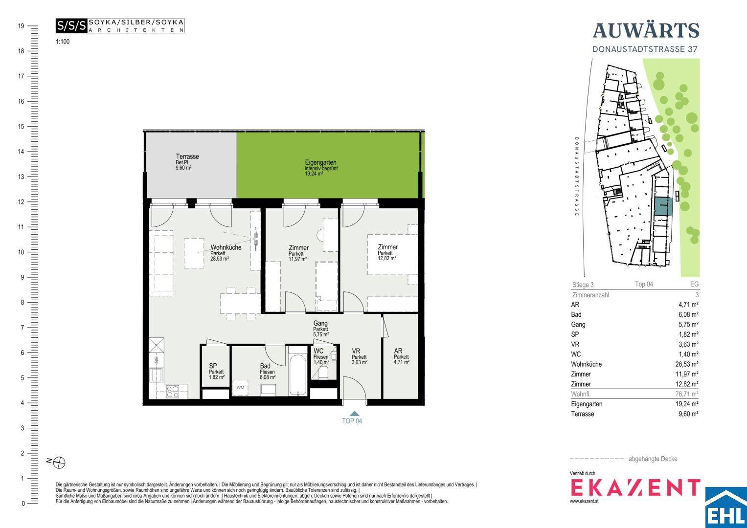 Grundriss einer Wohnung mit Terrasse, Eigengarten und drei Zimmern.