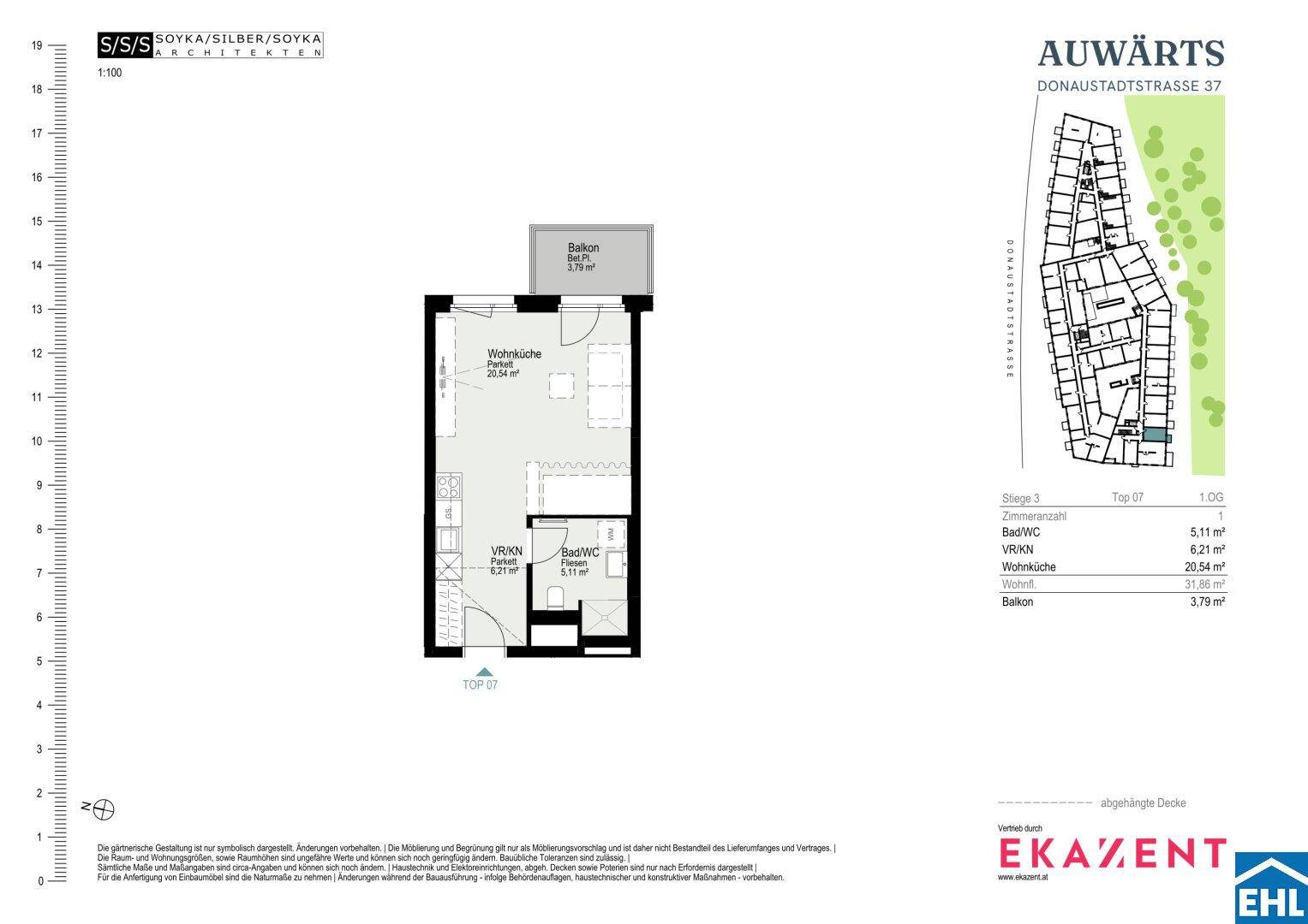 Grundriss einer Wohnung mit Wohnküche, Bad und Balkon, Gesamtfläche 31,65 m².