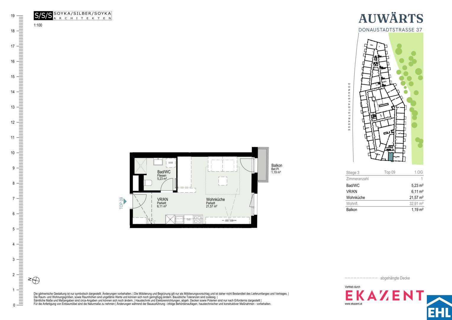 Grundriss einer Wohnung mit Wohnküche, Bad und Balkon, Gesamtfläche 31,57 m².