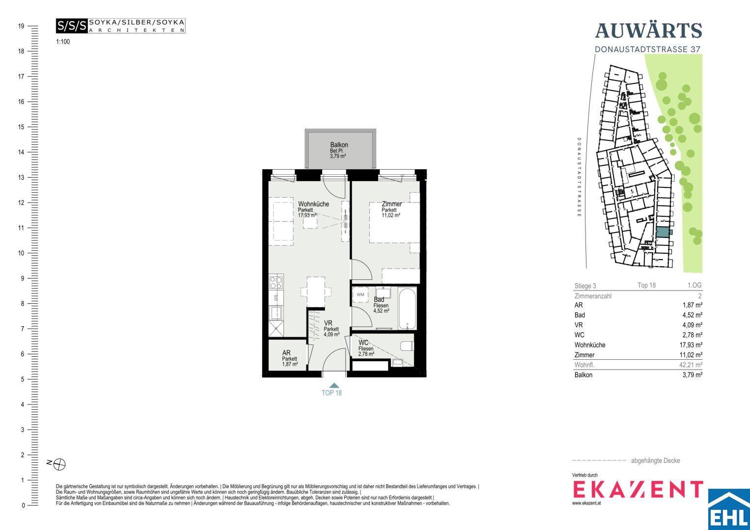 Grundriss einer Wohnung mit Balkon, Wohnküche und separatem WC.