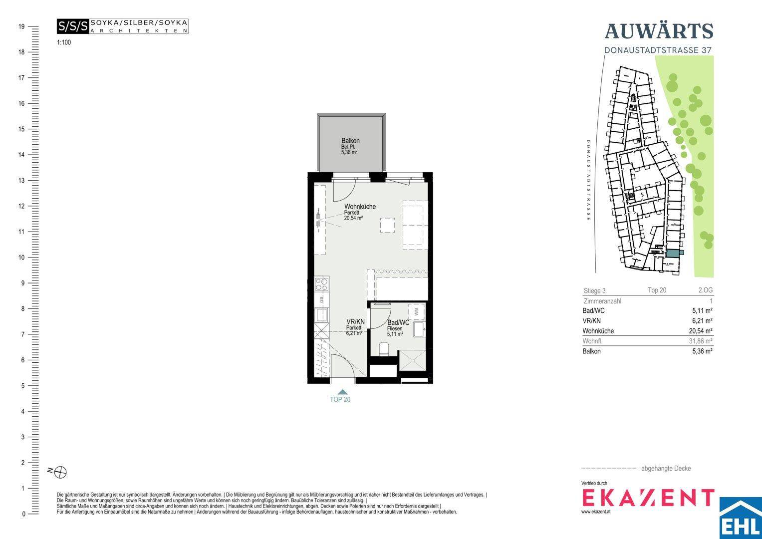 Grundriss einer Wohnung mit Wohnküche, Bad und Balkon auf 20,54 m².