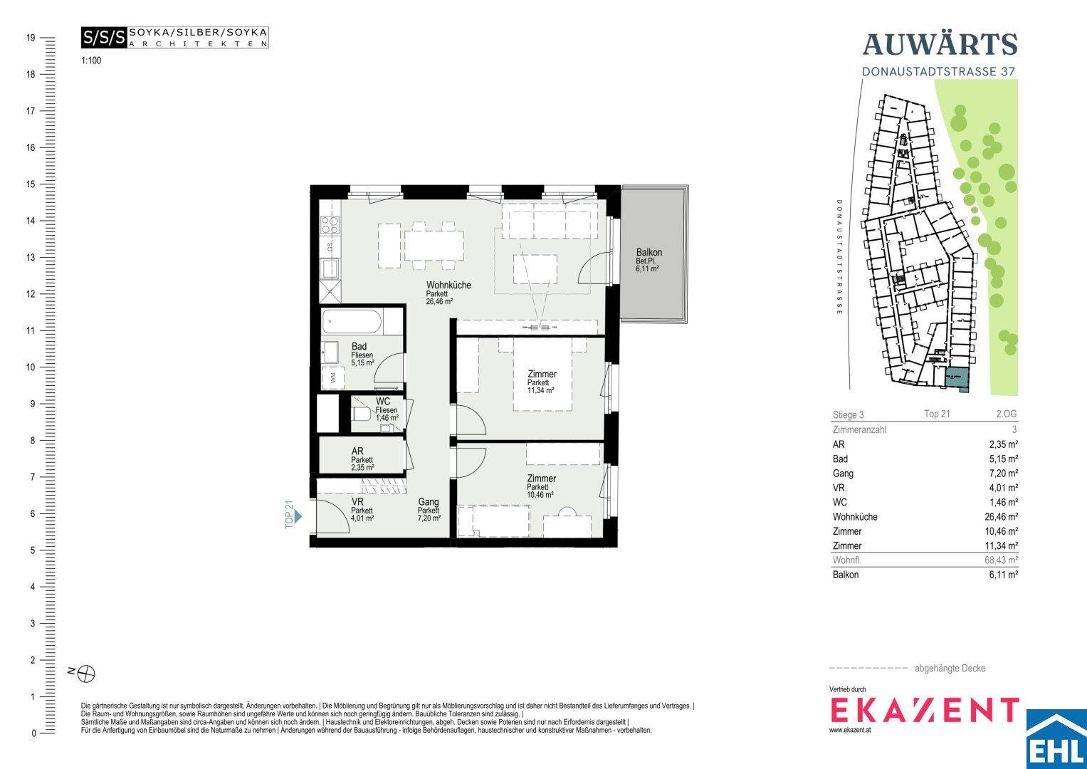 Detaillierter Grundriss einer Wohnung mit Balkon, zwei Zimmern und offenem Wohnküchenbereich.