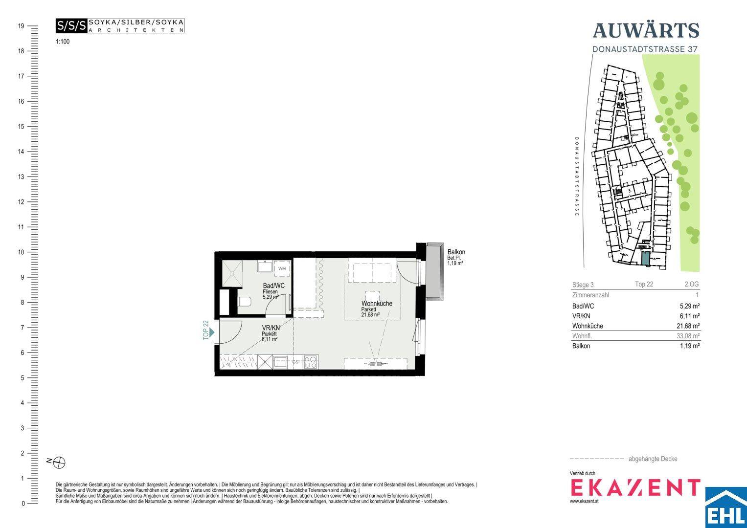 Grundriss einer Wohnung mit Wohnküche, Bad/WC und Balkon auf 32,08 m².