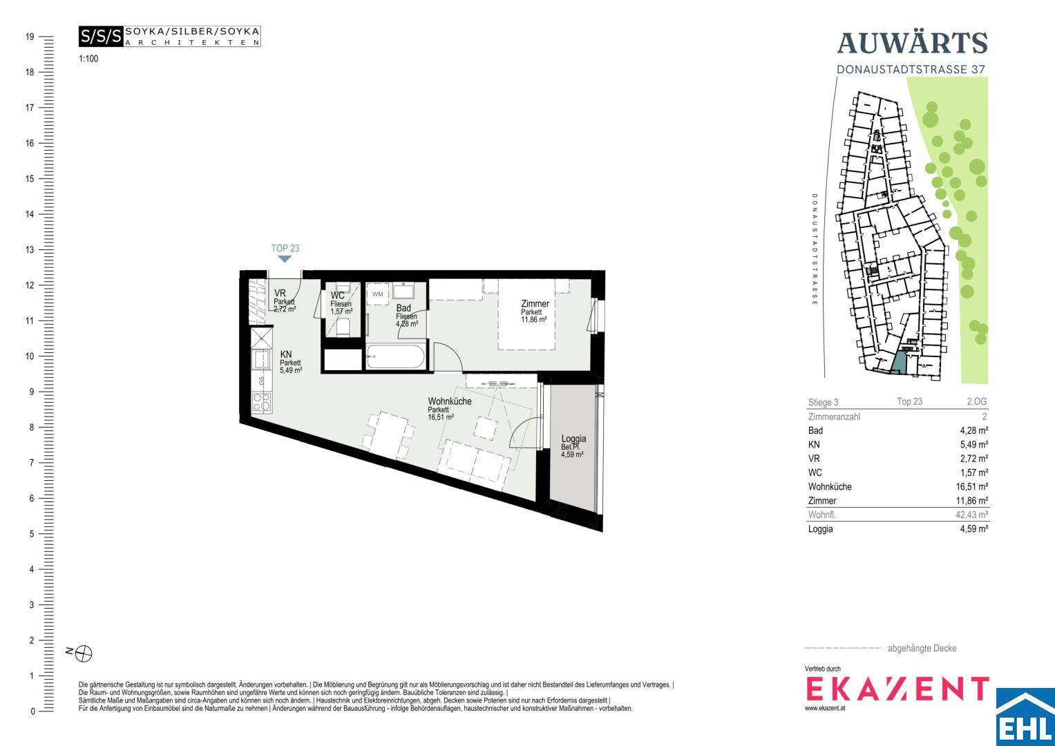 Grundriss einer Wohnung mit Wohnküche, Schlafzimmer, Bad und Loggia.