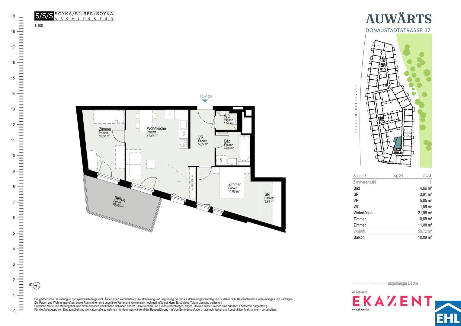Detaillierter Grundriss einer Wohnung mit Balkon und separatem WC.
