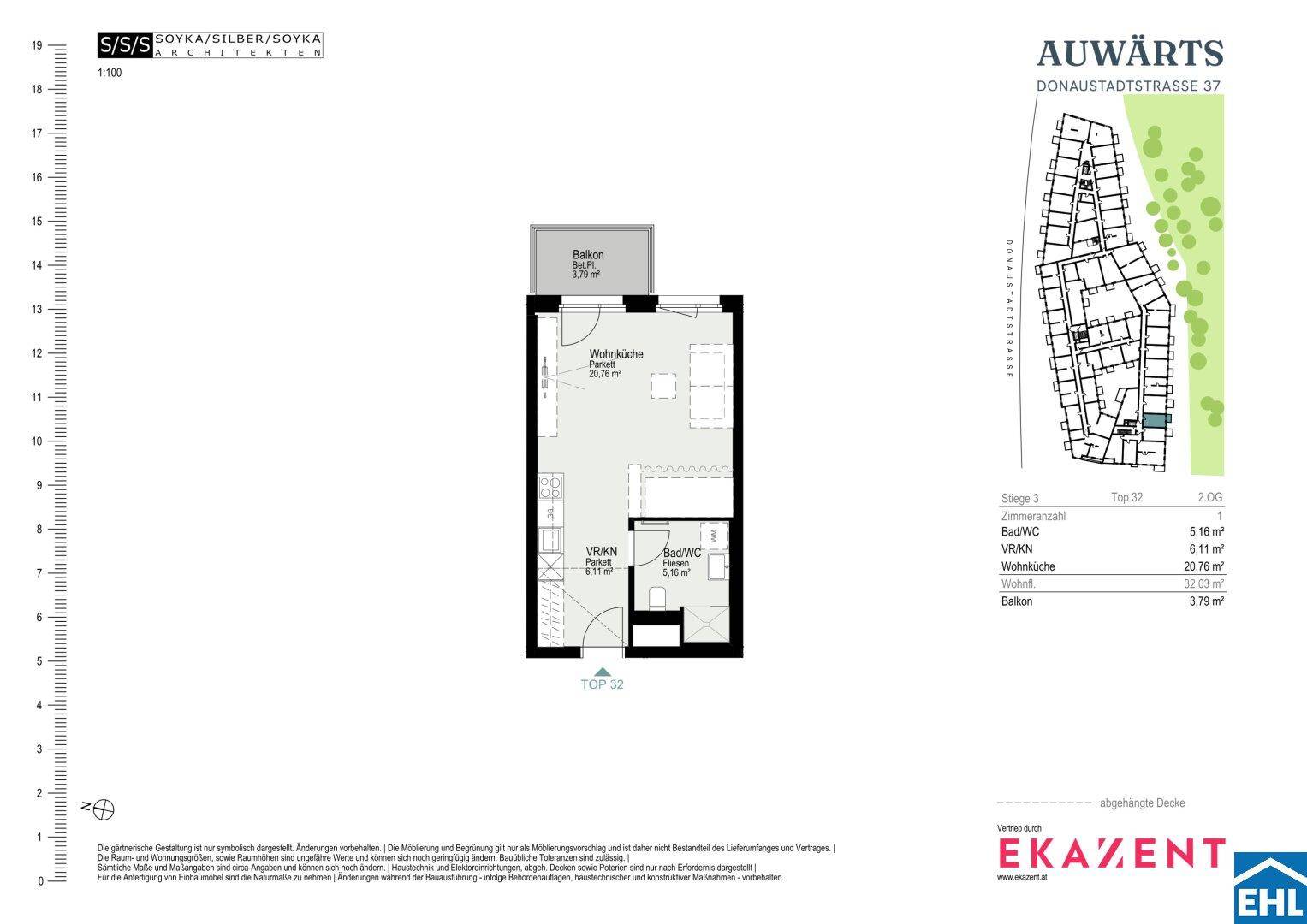 Grundriss einer Wohnung mit Wohnküche, Bad/WC und Balkon.