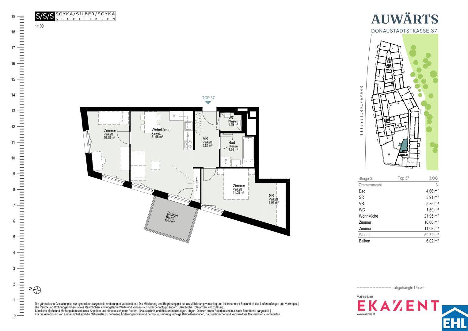 Grundriss einer Wohnung mit drei Zimmern, Balkon und separatem WC.