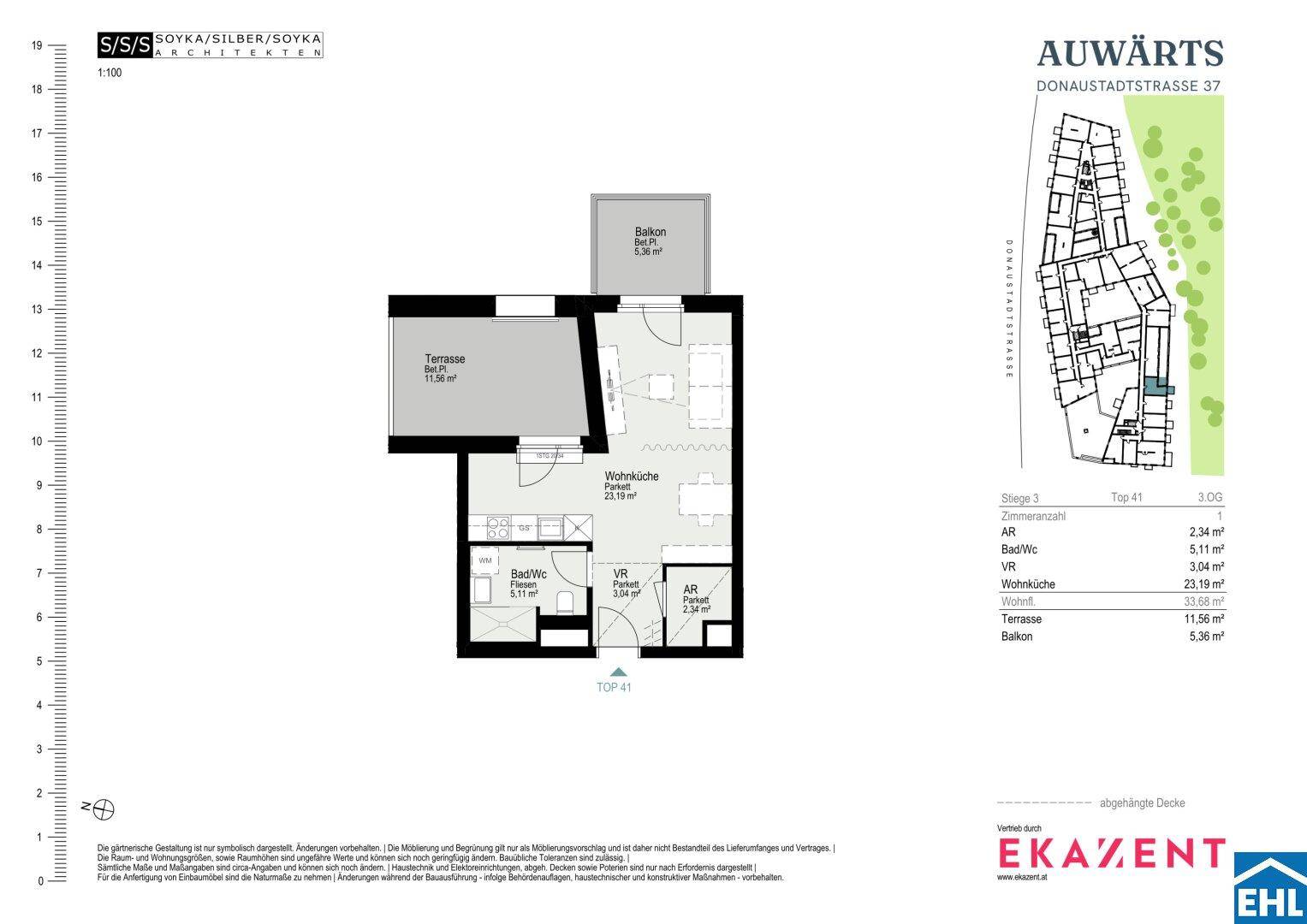 Grundriss einer Wohnung mit offener Wohnküche, Terrasse und Balkon.