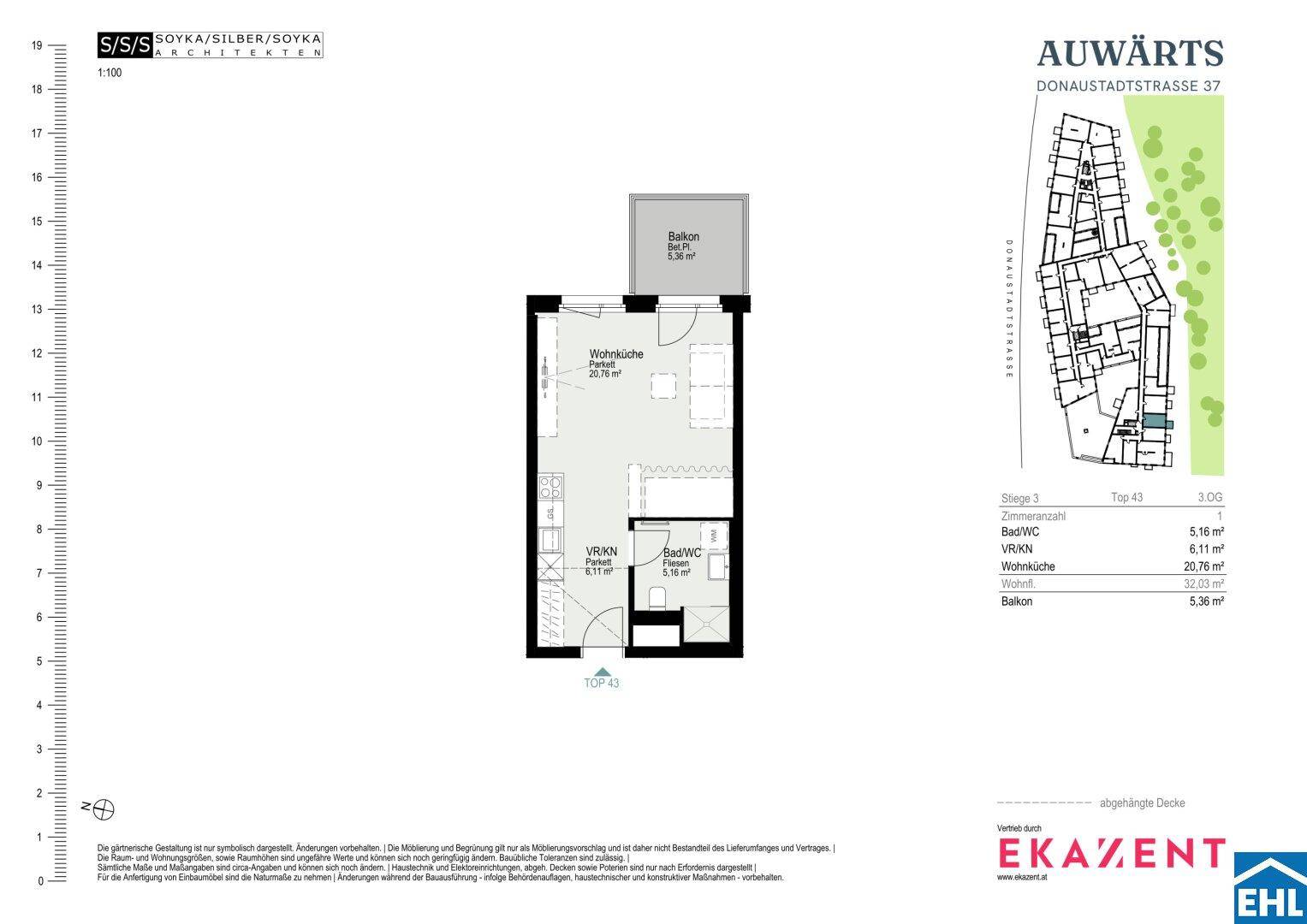 Grundriss einer Wohnung mit Wohnküche, Bad/WC und Balkon von 5,36 m².