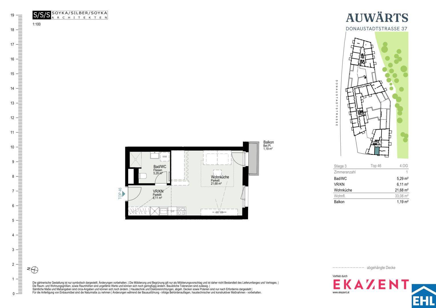 Grundriss einer Wohnung mit Wohnküche, Bad und Balkon, Gesamtfläche 32,68 m².