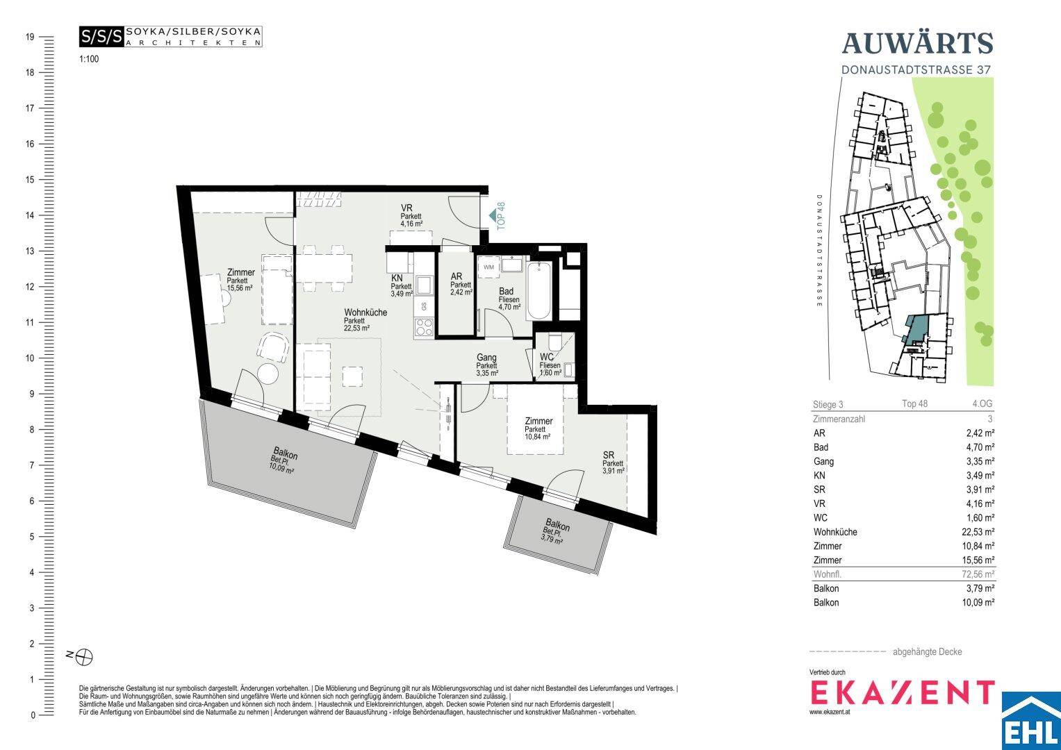 Detaillierter Grundriss einer Wohnung mit zwei Balkonen und klar definierten Räumen.