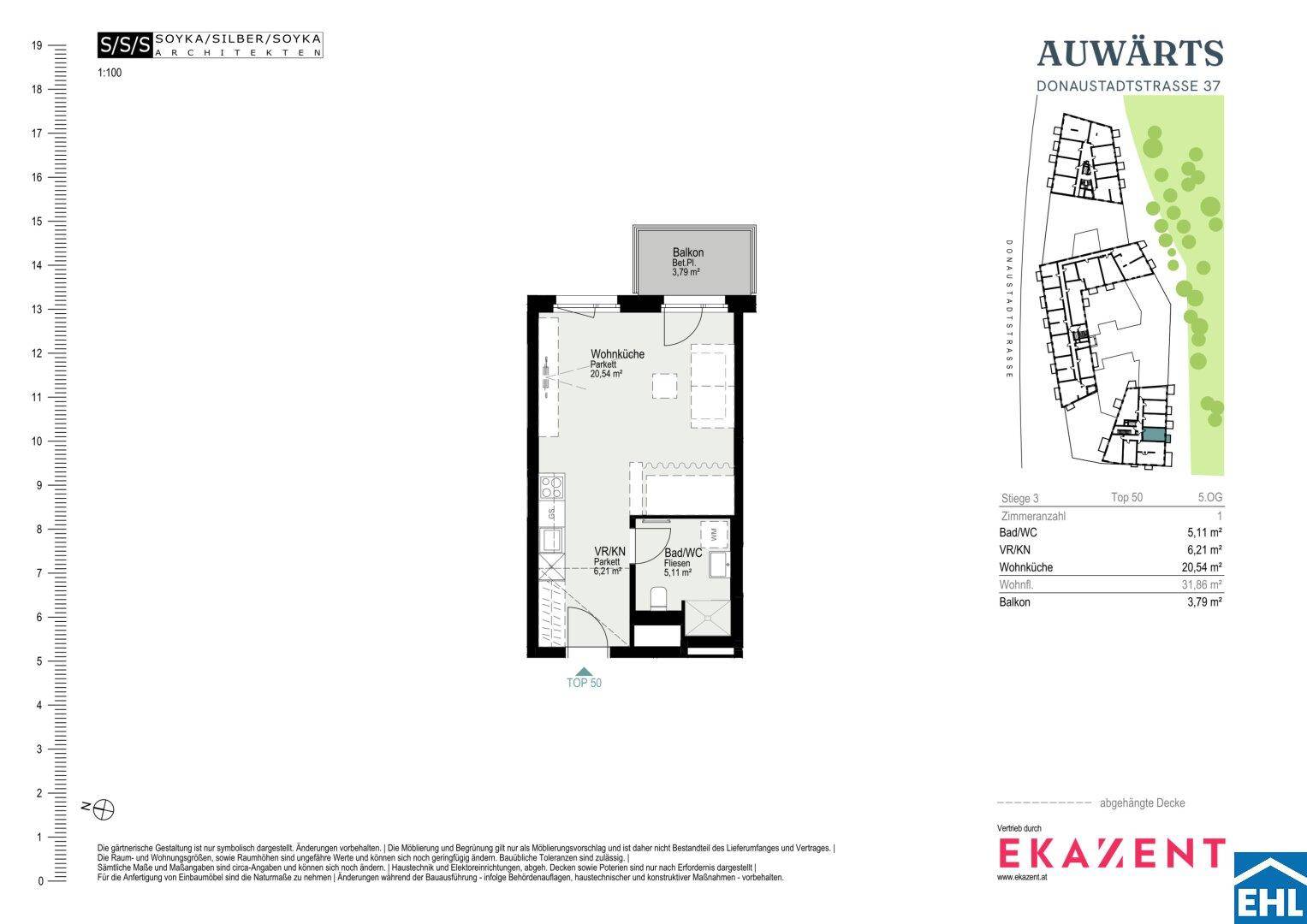 Grundriss einer Wohnung mit Wohnküche, Bad/WC und Balkon, Gesamtfläche 31,85 m².