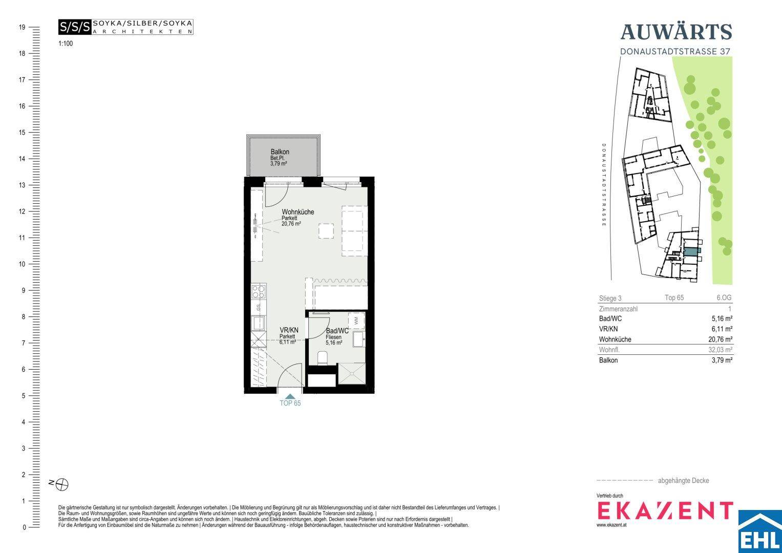 Grundriss einer Wohnung mit Wohnküche, Bad und Balkon, Gesamtfläche 32,03 m².