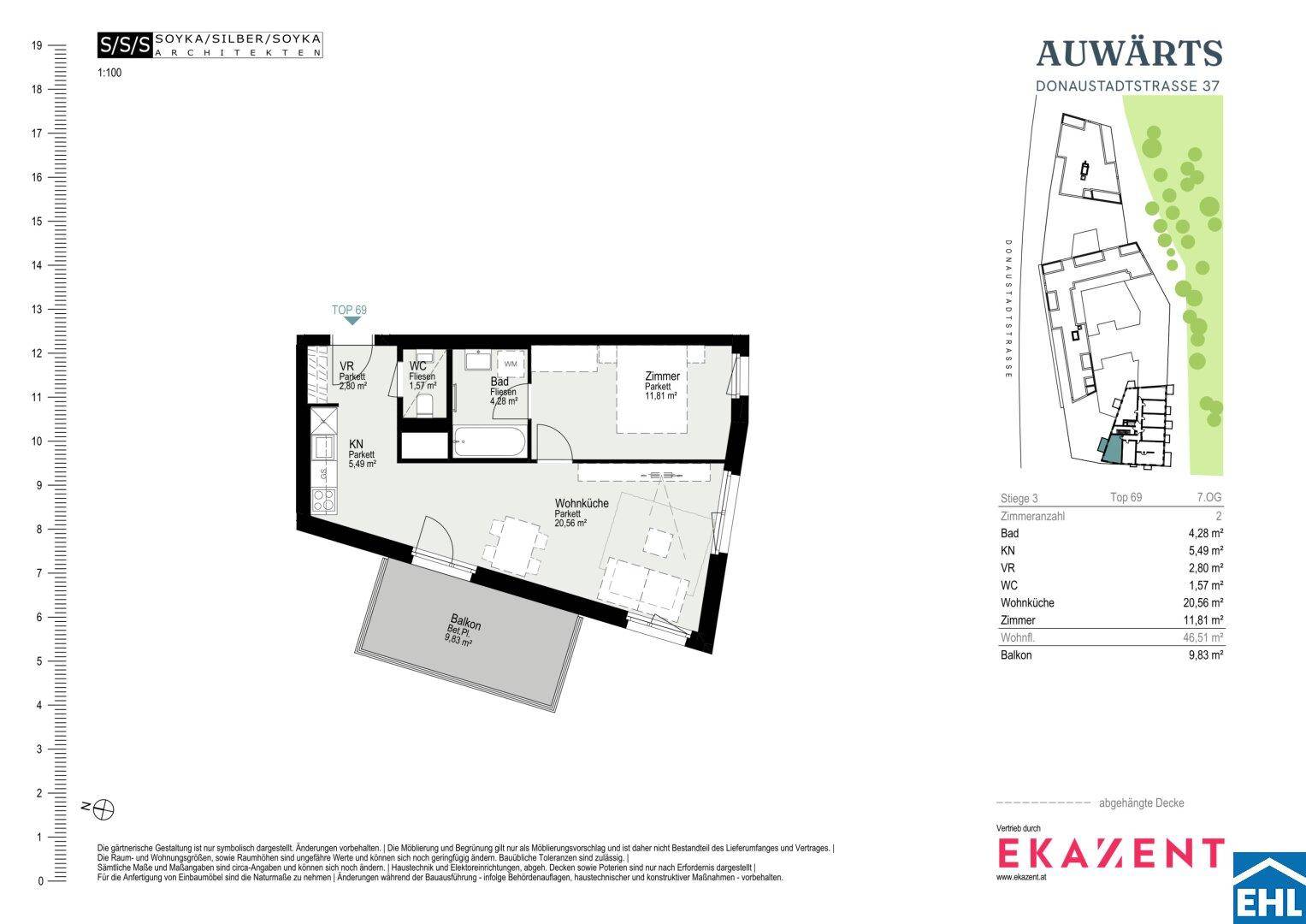 Grundriss einer Wohnung mit Wohnküche, Schlafzimmer, Bad und Balkon, Gesamtfläche 46,31 m².