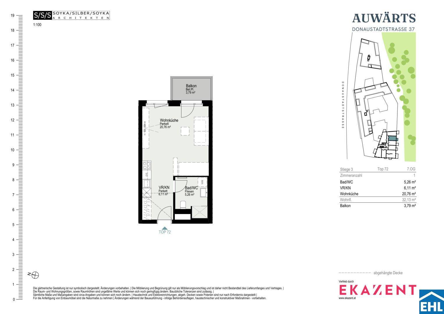 Grundriss einer Wohnung mit Wohnküche, Bad/WC und Balkon.