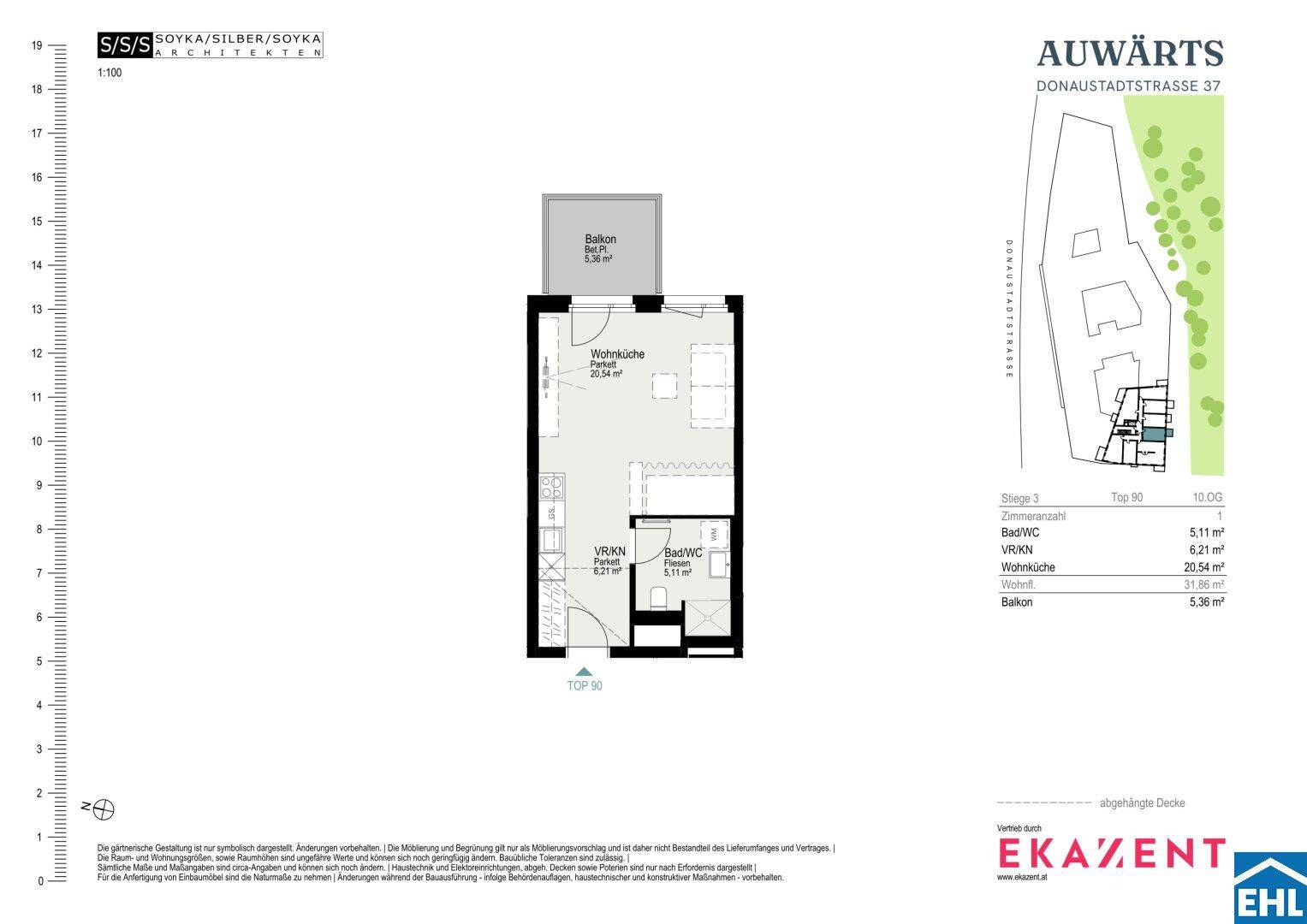 Grundriss einer Wohnung mit Wohnküche, Bad und Balkon, Gesamtfläche 31,86 m².