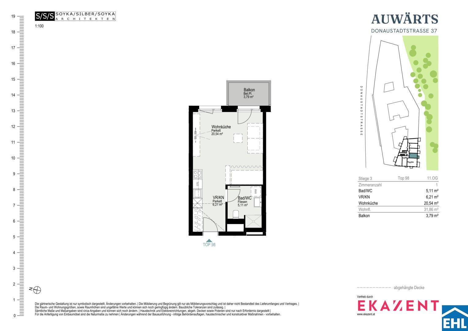 Grundriss einer Wohnung mit Wohnküche, Bad/WC und Balkon, Gesamtfläche 31,86 m².