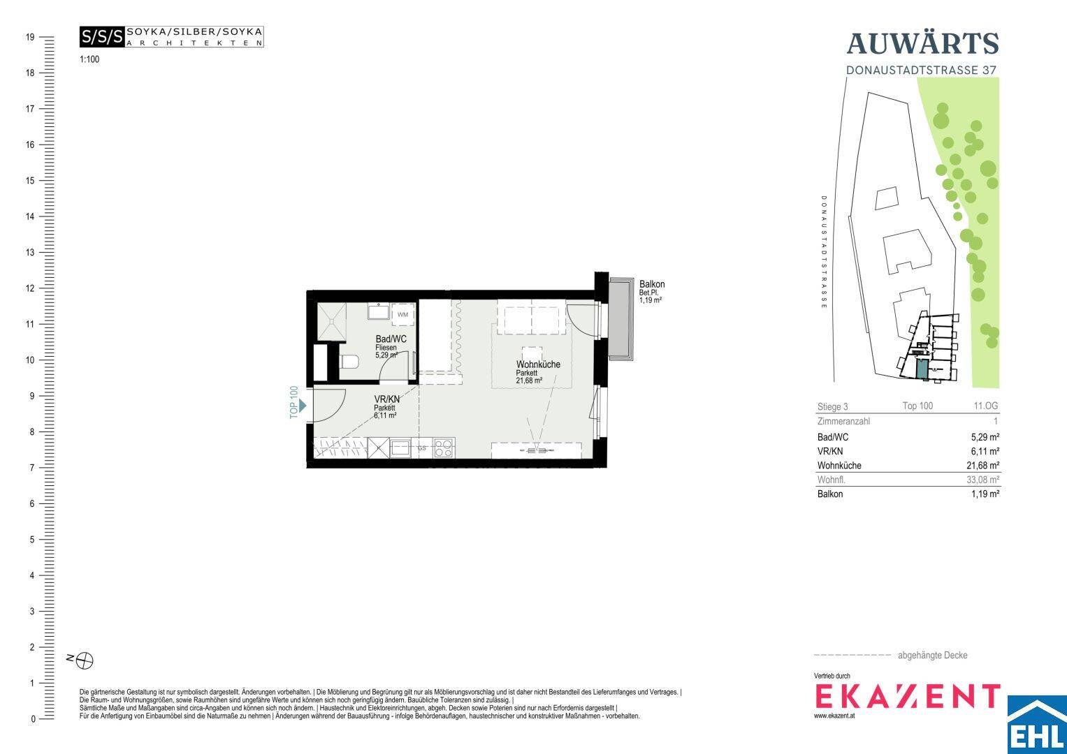 Grundriss einer Wohnung mit Bad/WC, Wohnküche und Balkon.