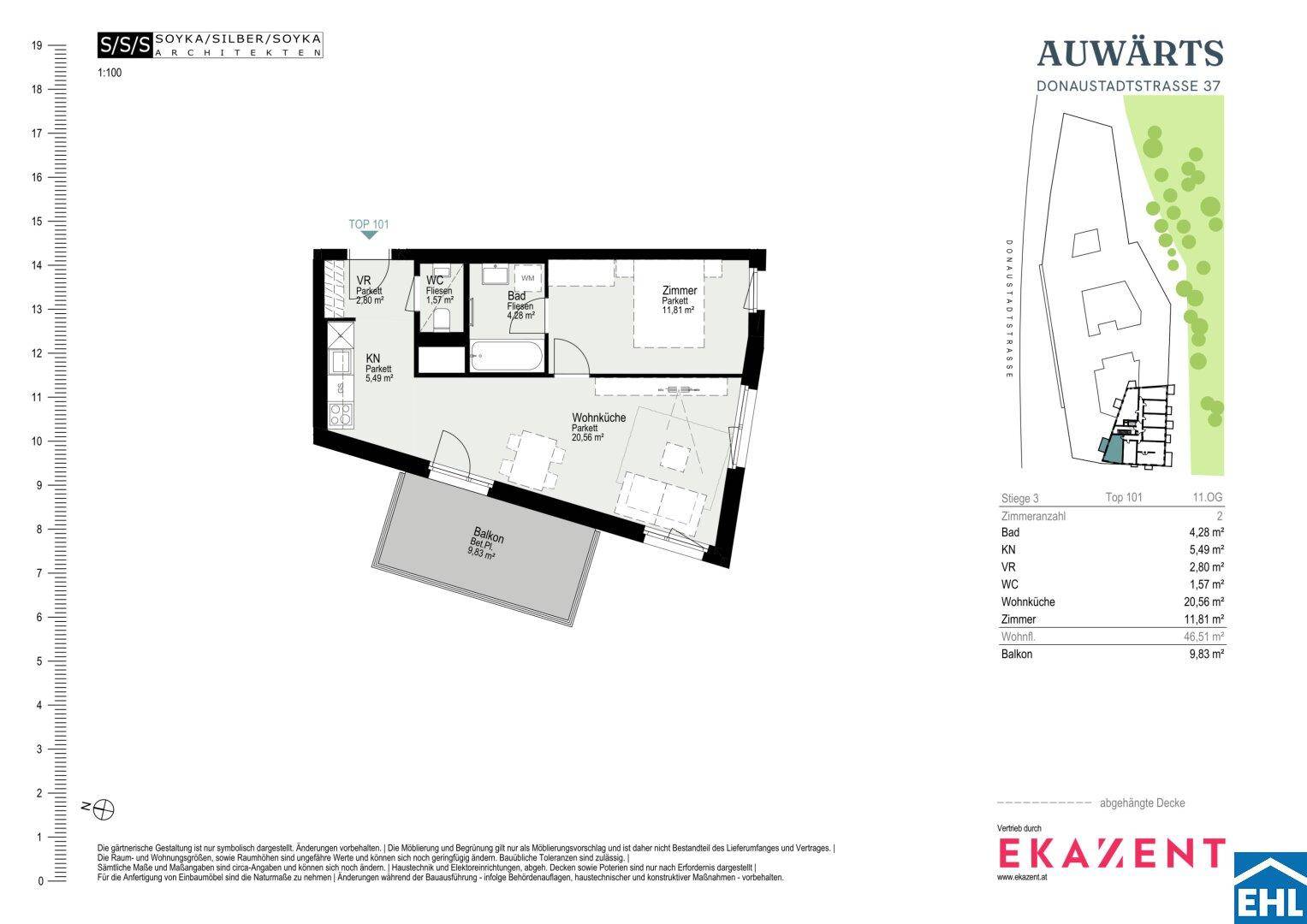 Grundriss einer Wohnung mit Wohnküche, Schlafzimmer, Bad, WC und Balkon.