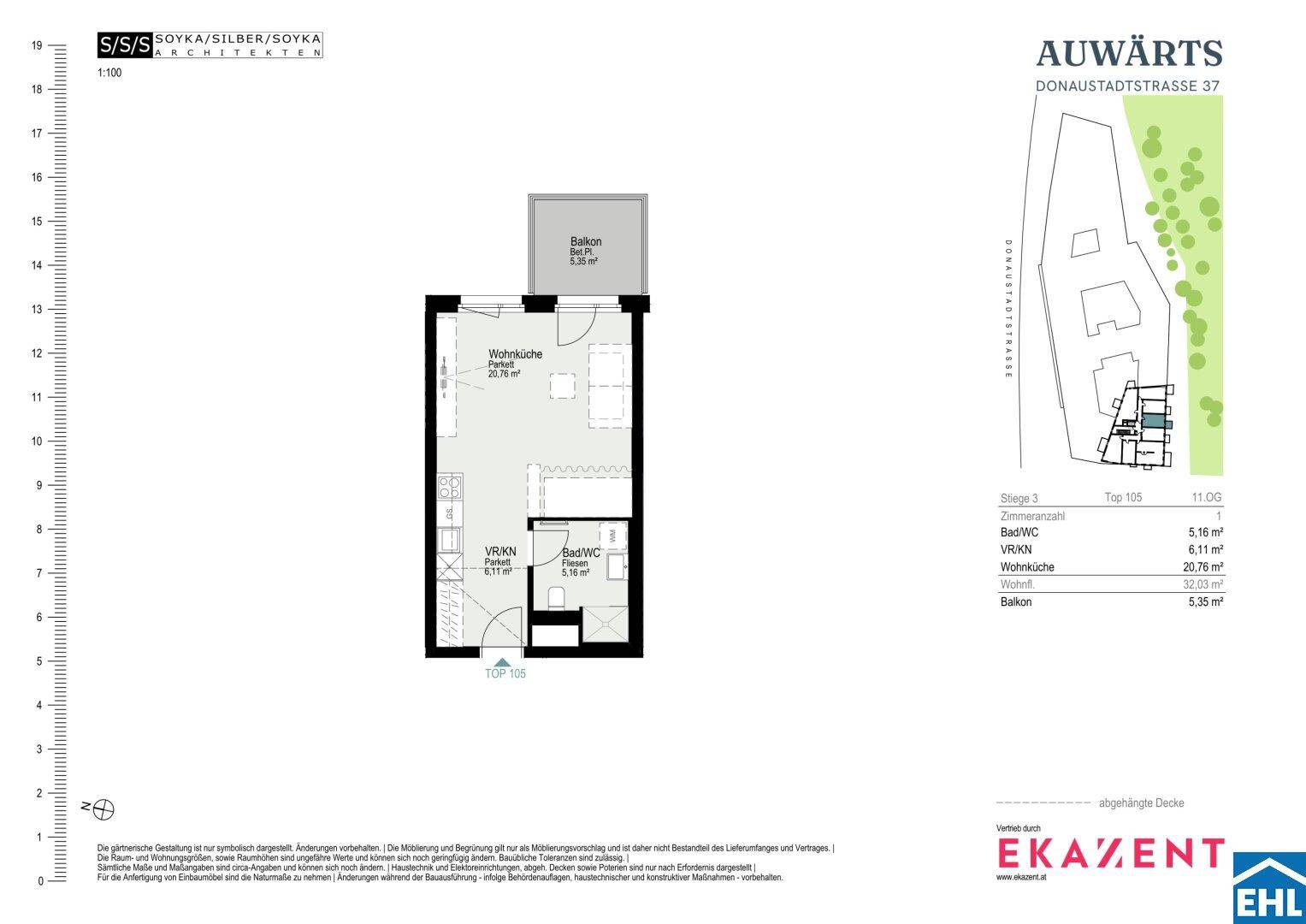 Grundriss einer Wohnung mit Wohnküche, Bad, separatem WC und Balkon.