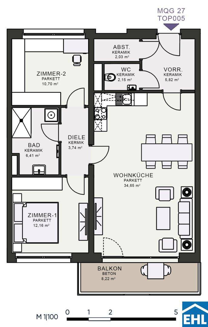 Detaillierter Grundriss einer Wohnung mit zwei Schlafzimmern, Wohnküche und Balkon.