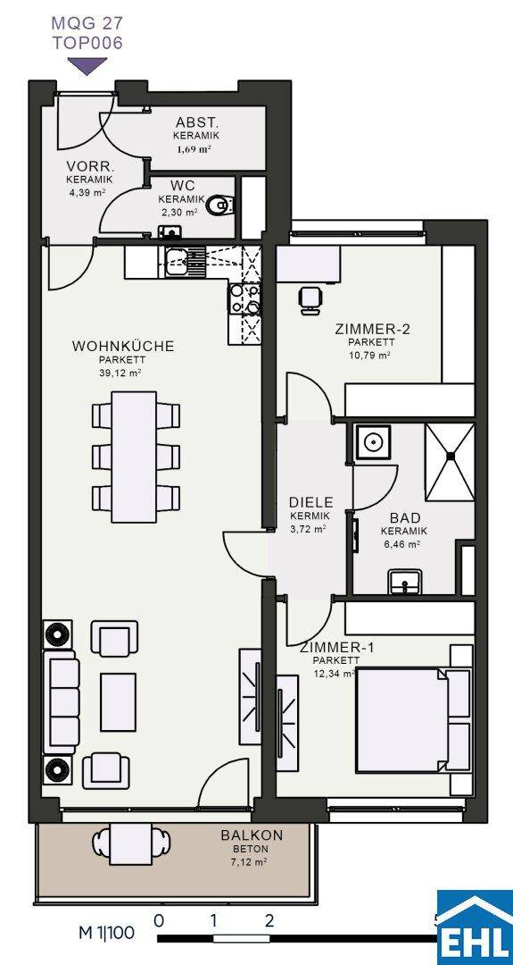 Grundriss einer Wohnung mit Wohnküche, zwei Zimmern, Bad und Balkon.
