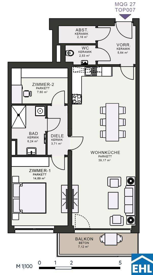 Grundriss einer Wohnung mit zwei Zimmern, Wohnküche, Bad, WC und Balkon.