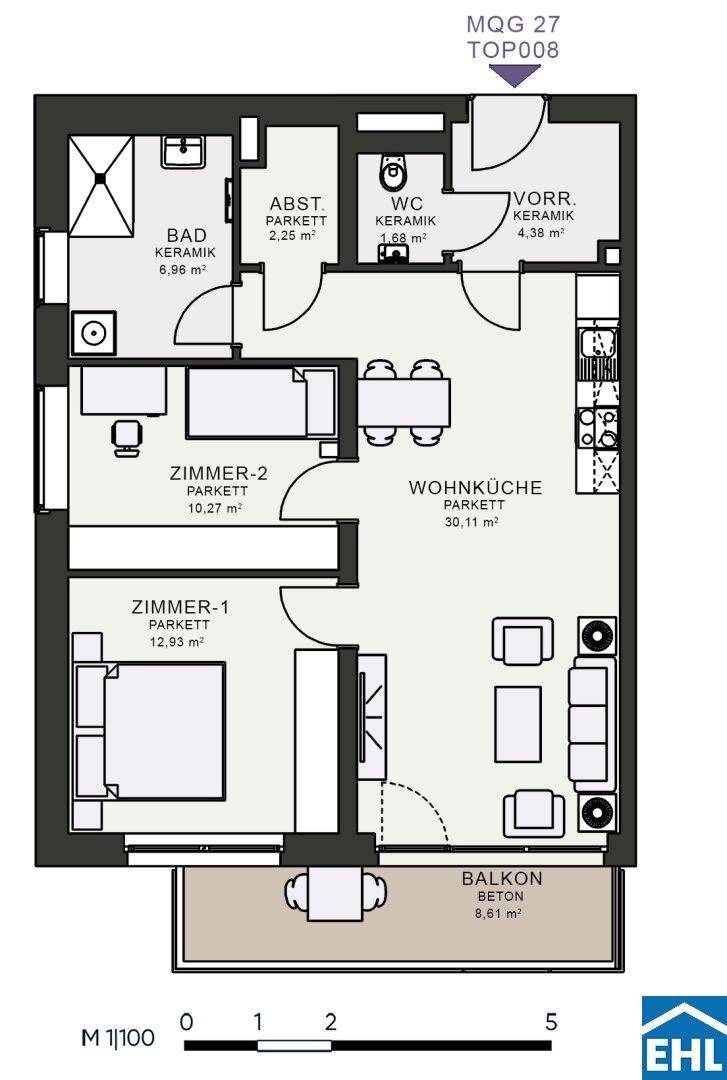 Grundriss einer Wohnung mit Wohnküche, zwei Zimmern, Bad, WC und Balkon.