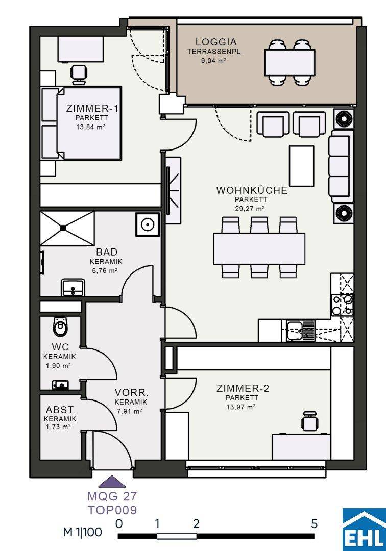 Grundriss einer Wohnung mit Wohnküche, zwei Zimmern, Bad und Loggia.