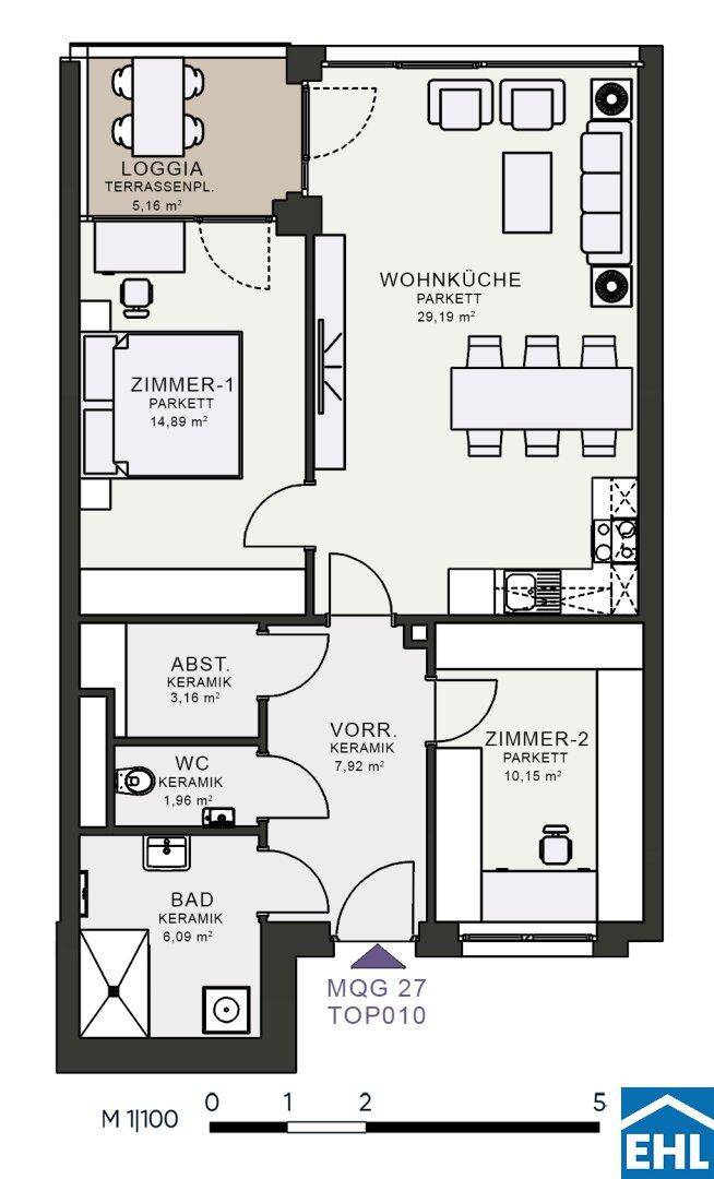 Detaillierter Grundriss einer Wohnung mit Wohnküche, zwei Zimmern, Bad, WC und Loggia.