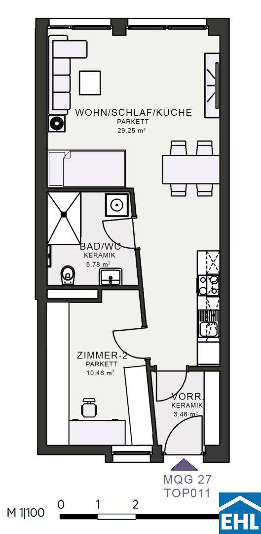 Grundriss einer kompakten Wohnung mit offenem Wohn-/Schlaf-/Kochbereich und separatem Zimmer.