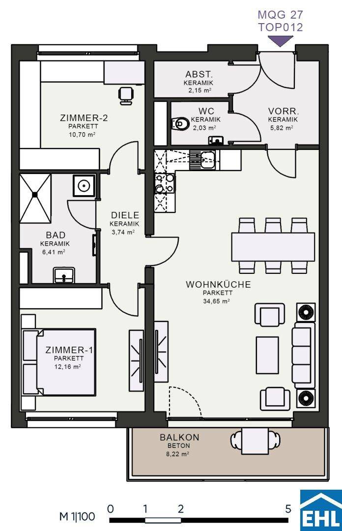 Grundriss einer Wohnung mit zwei Zimmern, Wohnküche, Bad und Balkon.
