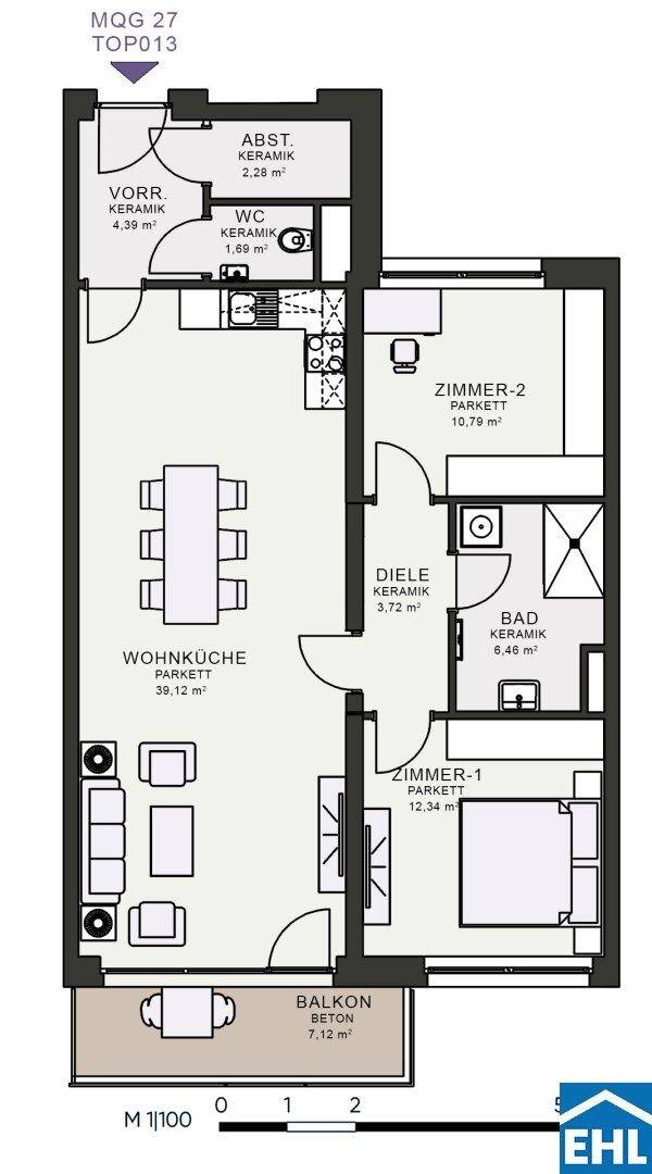 Detaillierter Grundriss einer Wohnung mit offener Wohnküche, zwei Zimmern und Balkon.