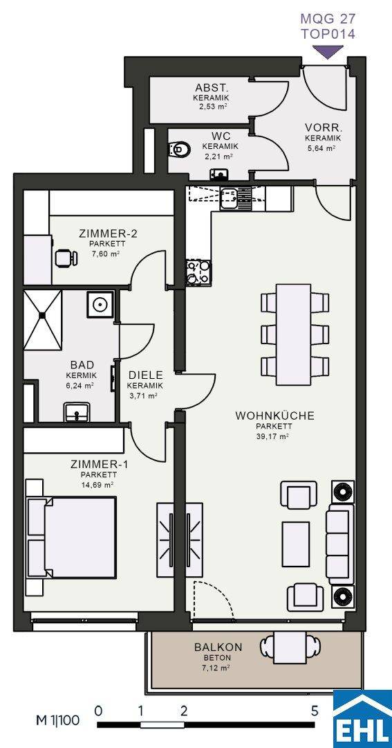 Grundriss einer Wohnung mit zwei Zimmern, offener Wohnküche und Balkonzugang.