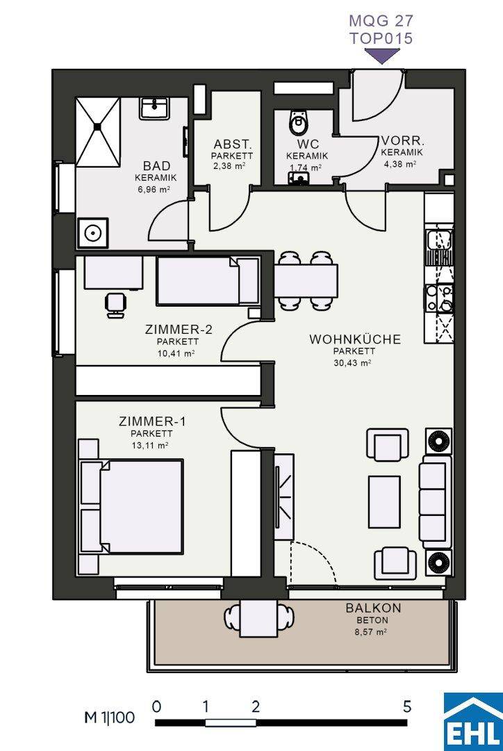 Grundriss einer Wohnung mit zwei Schlafzimmern, Wohnküche und Balkon.