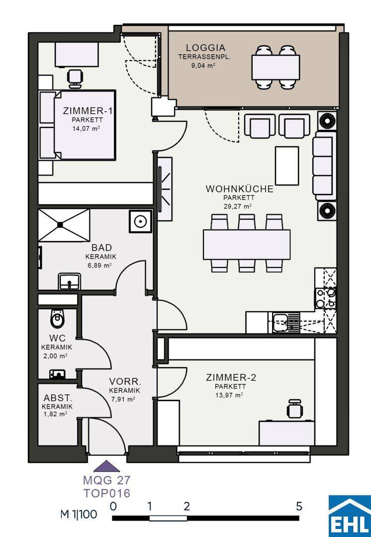 Grundriss einer Wohnung mit Wohnküche, zwei Zimmern, Bad, WC und Loggia.