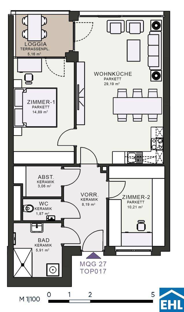 Detaillierter Grundriss einer Wohnung mit Wohnküche, zwei Zimmern und Loggia.