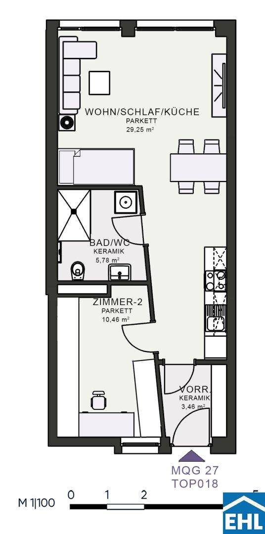 Grundriss einer Wohnung mit offenem Wohn-/Schlaf-/Küchenbereich und separatem Zimmer.