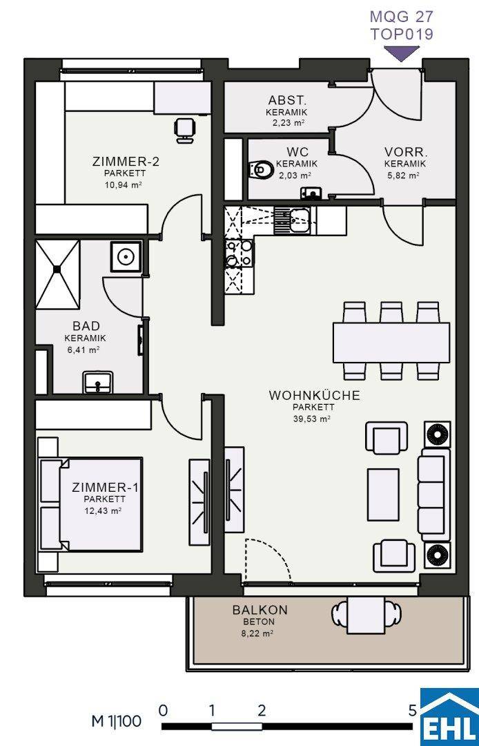 Detaillierter Grundriss einer Wohnung mit zwei Zimmern, offener Wohnküche, Bad und Balkon.
